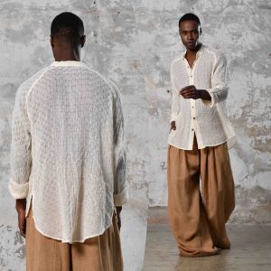 White Boho Funky Organic Cotton Shirt Hand Woven