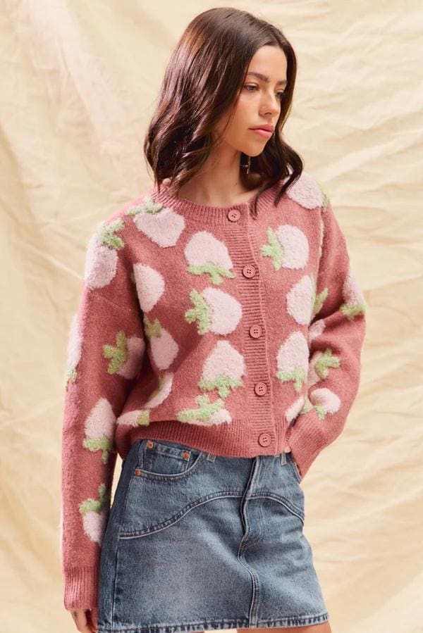 Mauve Strawberry Cardigan: Buttonup Soft Knit Sweater
